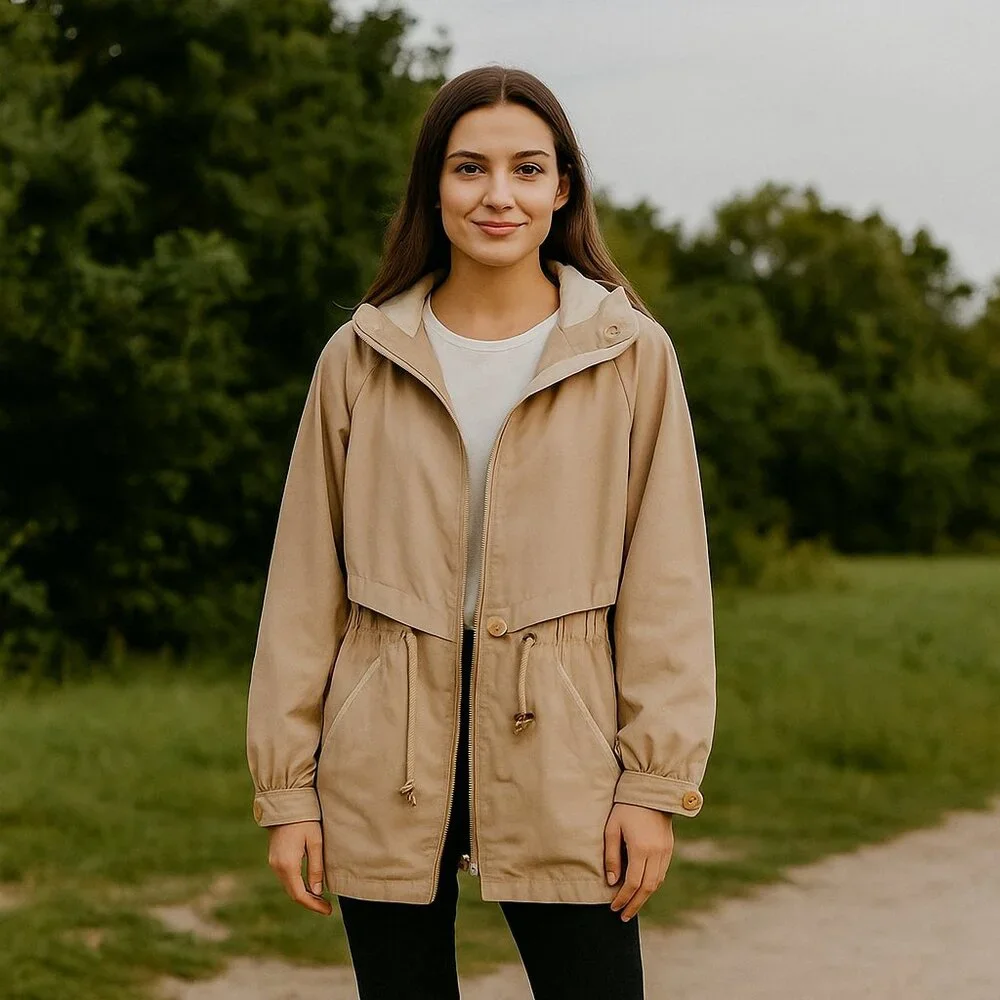 IZZI Outerwear Women M Tan Coat/Jacket Full Zip Detachable Hood Zip Button Close - Picture 1 of 9